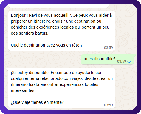 Capture d'écran d'un premier échange avec GuideGeek sur WhatsApp
