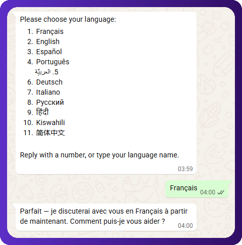 Capture d'écran d'un premier échange avec MobileGPT sur WhatsApp