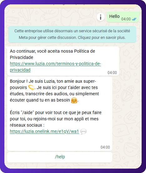 Capture d'écran d'un premier échange avec LuzIA sur WhatsApp