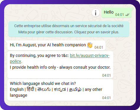 Capture d'écran d'un premier échange avec August AI sur WhatsApp