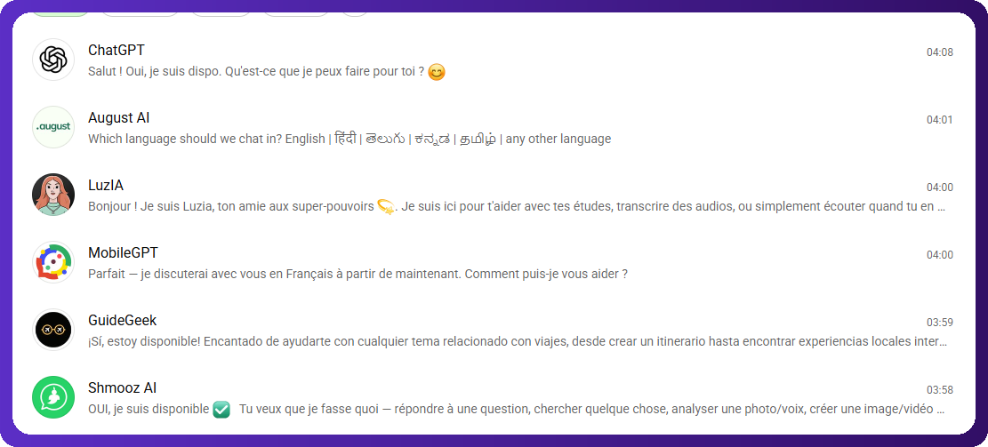 Capture d'écran de la liste des IA disponibles sur WhatsApp en 2026