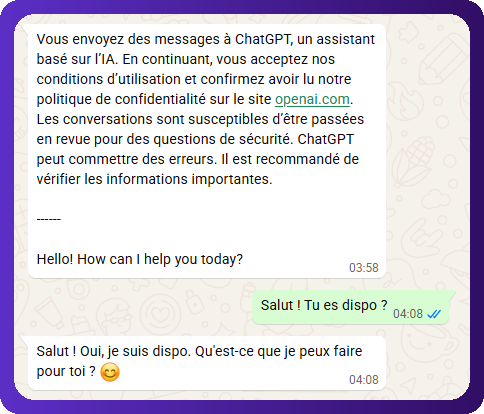 Capture d'écran d'un premier échange avec ChatGPT sur WhatsApp